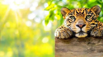 Majestic Jaguar Resting on Wooden Log in Lush Green Forest
