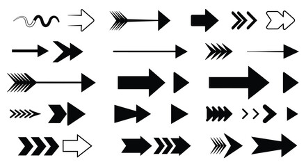 Collection of various black arrow designs and shapes in a line