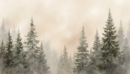 Fototapeta premium Misty Forest Scene with Tall Evergreen Trees in Soft Natural Light