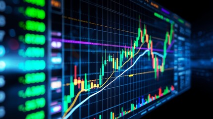 A highly detailed, wide-angle, and dynamic shot of a complex digital financial trading interface displayed on a large, dark monitor screen.