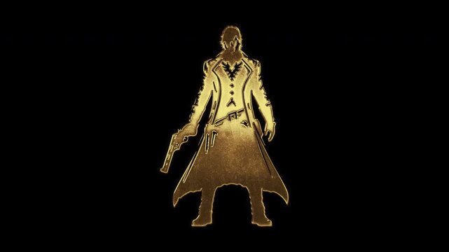 Male hitman with slightly reflected outlines on a gold foil-like surface, loop, alpha channel

