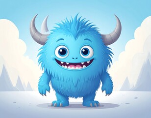 Blue monster cartoon character in snowy landscape