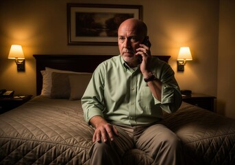 Fototapeta premium Man On Phone In Quiet Hotel Room At Night