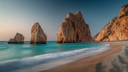 A tranquil beach scene with dramatic rock formations and a serene turquoise sea at sunrise.