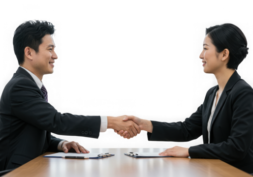Two business people shaking hands in a corporate setting isolated on transparent background