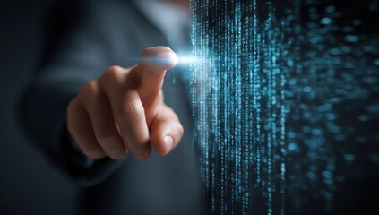 Hand touching digital interface with glowing data stream, symbolizing technology and innovation.