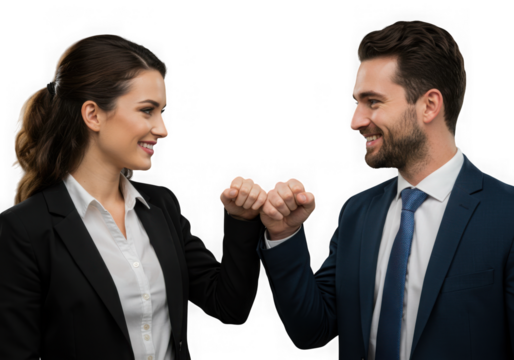 Two business professionals celebrating success with a fist bump isolated on transparent background - Powered by Adobe