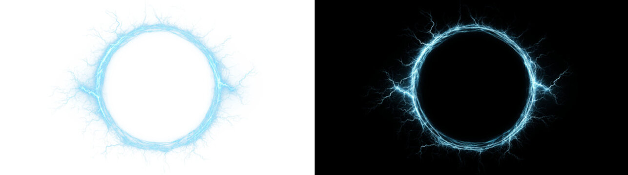 Electric blue lightning circle frame. Powerful energy shockwave.
