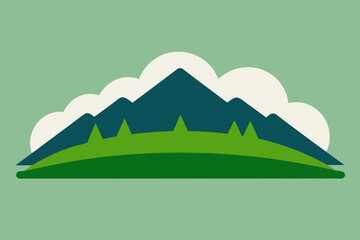 Stylized mountain landscape with green hills and clouds in flat design