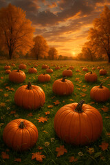 Autumn harvest scene with scattered pumpkins resting on lush grass in a wide field. Framed by golden tree and a dramatic sunset sky. Warm light reflects on the pumpkins with soft shadows. High quality
