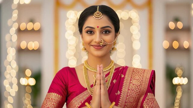 Young beautiful indian woman wearing traditional attire and gold jewelery doing namaste on diwali festival 