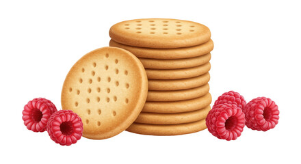 Stack of golden crackers with raspberries isolated PNG, delicious snack or dessert on transparent background