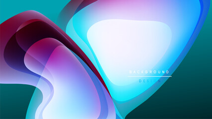 Abstract fluid shapes overlap, creating vibrant color gradients. Dark background emphasizes bright blues, purples, reds. Modern design element.