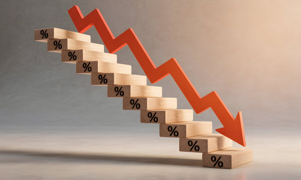 Dramatic financial decline with a downward arrow and falling percentage rates