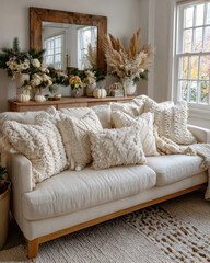 Fototapeta premium Cozy living room features cream colored sofa adorned with textured pillows, creating warm and inviting atmosphere. room is decorated with autumnal floral arrangements and pampas grass