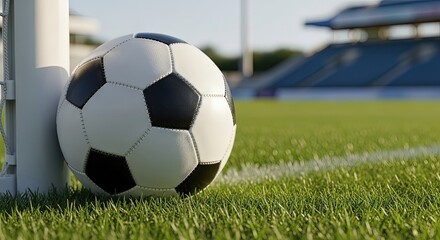 Fototapeta premium A soccer ball rests against the goalpost on a sunny day, the green grass of the field stretching out towards the blue stadium seats in the background, creating a vibrant scene