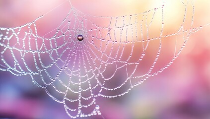 Dewdrop-covered spiderweb shines against bokeh backdrop