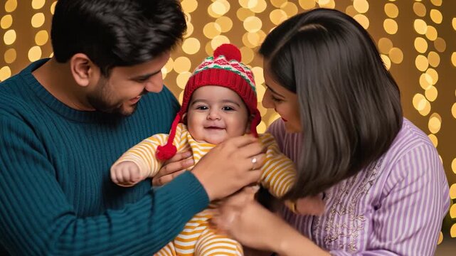indian couple playing with his baby on diwali festival background 