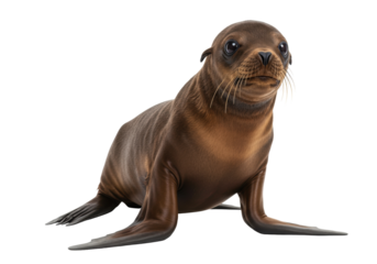 Adorable brown sea lion pup isolated PNG, marine mammal wildlife animal on transparent background for design and educational use