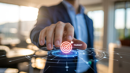 Reaching for the Target: A focused individual's hand presses a virtual button, highlighting a red target representing focus, achievement, and strategic goals.