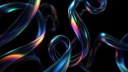 Abstract swirling iridescent ribbons of light and color against a dark mysterious background creating a mesmerizing visual effect