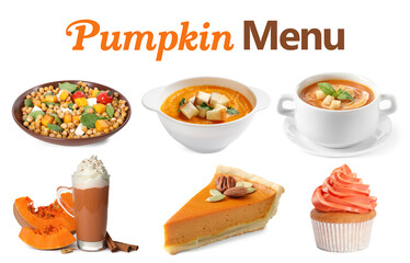 Pumpkin dishes, desserts and drink on white background, set. Seasonal menu
