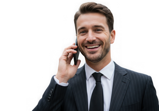 Happy businessman in suit talking on the phone isolated on transparent background