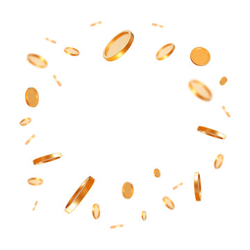 3d flying gold shiny coins on white isolated background. Square format. Rich or casino luck concept. Precious expensive treasure. Stock vector illustration.