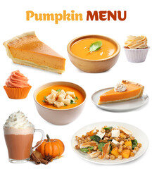 Pumpkin dishes, desserts and drink on white background, set. Seasonal menu