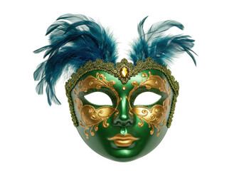 Ornate green and gold Venetian mask with feathers isolated on transparent background, masquerade ball costume for Mardi Gras
