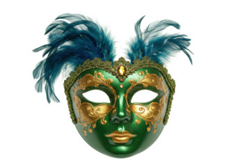 Ornate green and gold Venetian mask with feathers isolated on transparent background, masquerade ball costume for Mardi Gras