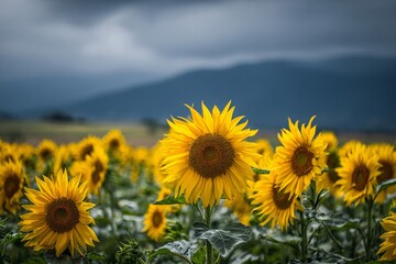Fototapeta premium Field of blooming sunflowers under sunlight