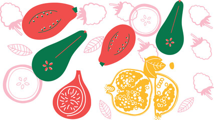 Flat Vector Fruits and Vegetables Icons Set, Healthy Food Illustration Collection	