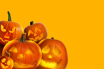 Halloween poster design with peeking jack-o-lanterns against orange background. Space for text