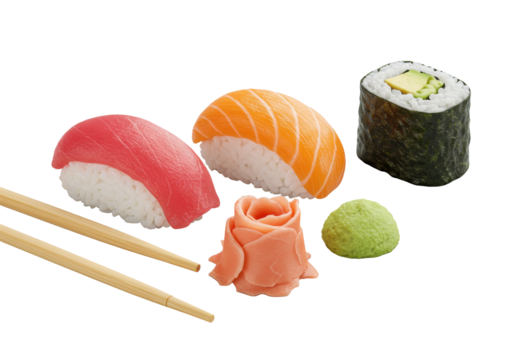 Photorealistic studio shot of three assorted sushi (tuna nigiri, salmon nigiri, avocado maki) with chopsticks, ginger, wasabi on a clean transparent background, concept of japanese culinary elegance