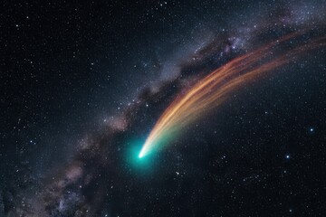 Obraz premium Bright comet with orange glowing tail arcs across starry galaxy background, creating dramatic astronomy scene. Great for cosmic travel, sci-fi, or science education themes.