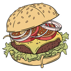 Delicious Cheeseburger with Fresh Ingredients – Realistic Food Photography on Transparent Background.