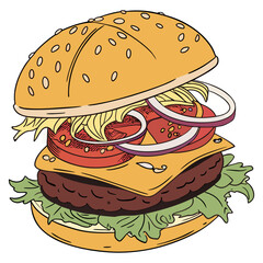Delicious Cheeseburger with Fresh Ingredients – Realistic Food Photography on Transparent Background.
