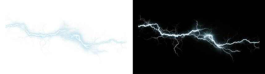 Realistic lightning strike PNG. Blue thunderstorm bolt effect.