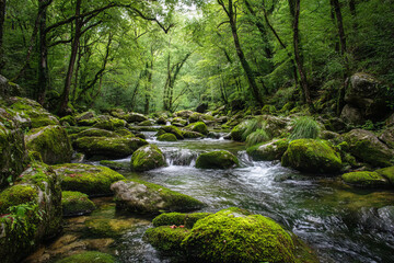 Moss covered rocks in a tranquil forest stream