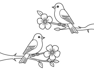 Cute Cartoon Birds on Branches – Black and White Vector for Coloring Art