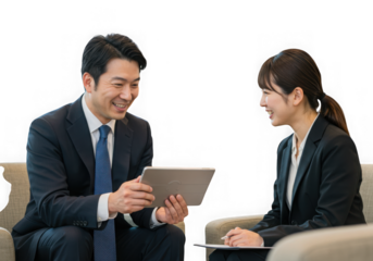 Asian business people in a meeting looking at a tablet isolated on transparent background