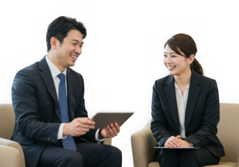 Asian business colleagues in a meeting looking at a tablet isolated on transparent background