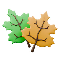 Two Stylized Maple Leaves In Green And Yellow With Brown Veins On Transparent Background