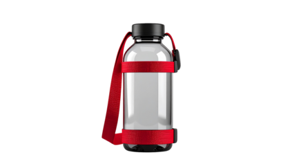 Bottle clear, red strap, black cap