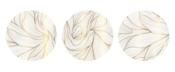 Elegant floral vector emblem, golden lines, circular ornaments, organic leaf patterns, Japanese design. Spa logos, cosmetic labels, wedding monograms, luxury nature icons