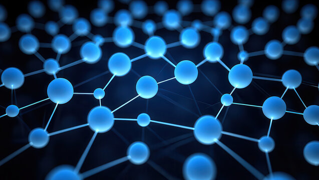 Abstract network of glowing blue nodes connected by luminous lines against a dark background symbolizing data or connections