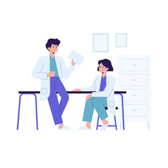 Two Doctors Discussing Medical Reports in White Office Setting Illustration with Transparent Background