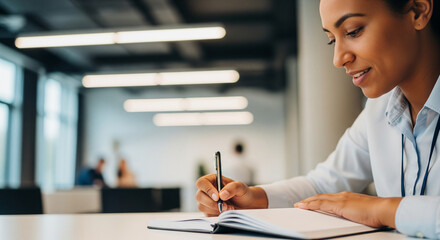 A person (30s, diverse) is taking notes in a sleek notebook during a professional conference or workshop. Their expression is focused and eager to learn. The background is a blurred, modern event spac