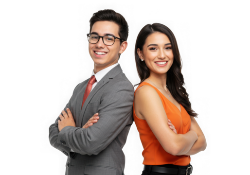Young couple smiling and posing back to back isolated on transparent background